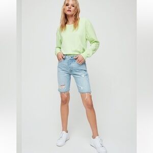 Levi’s 501 Highrise Slouch Long Blue Jean Shorts With Distressing & Button Fly